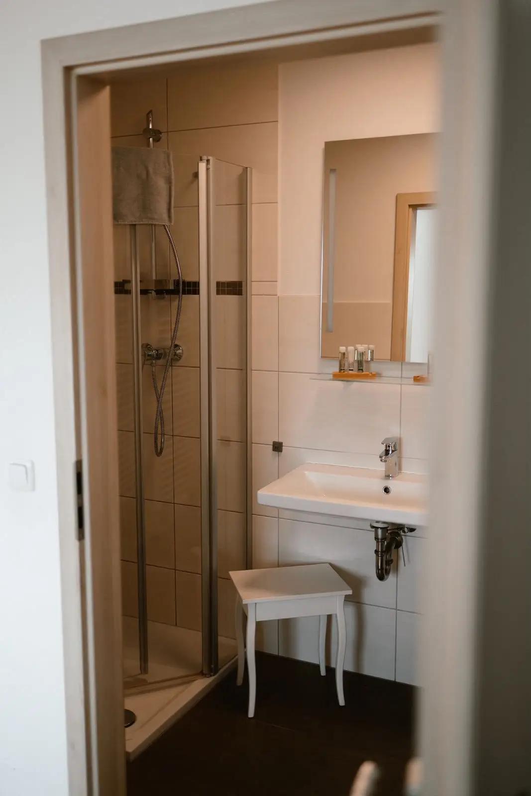 Doppelzimmer: eigenes Bad mit Dusche, Waschbecken und Spiegel